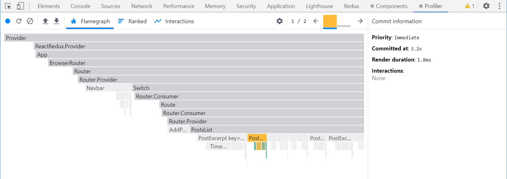 React DevTools Profiler render capture - optimized <PostsList>