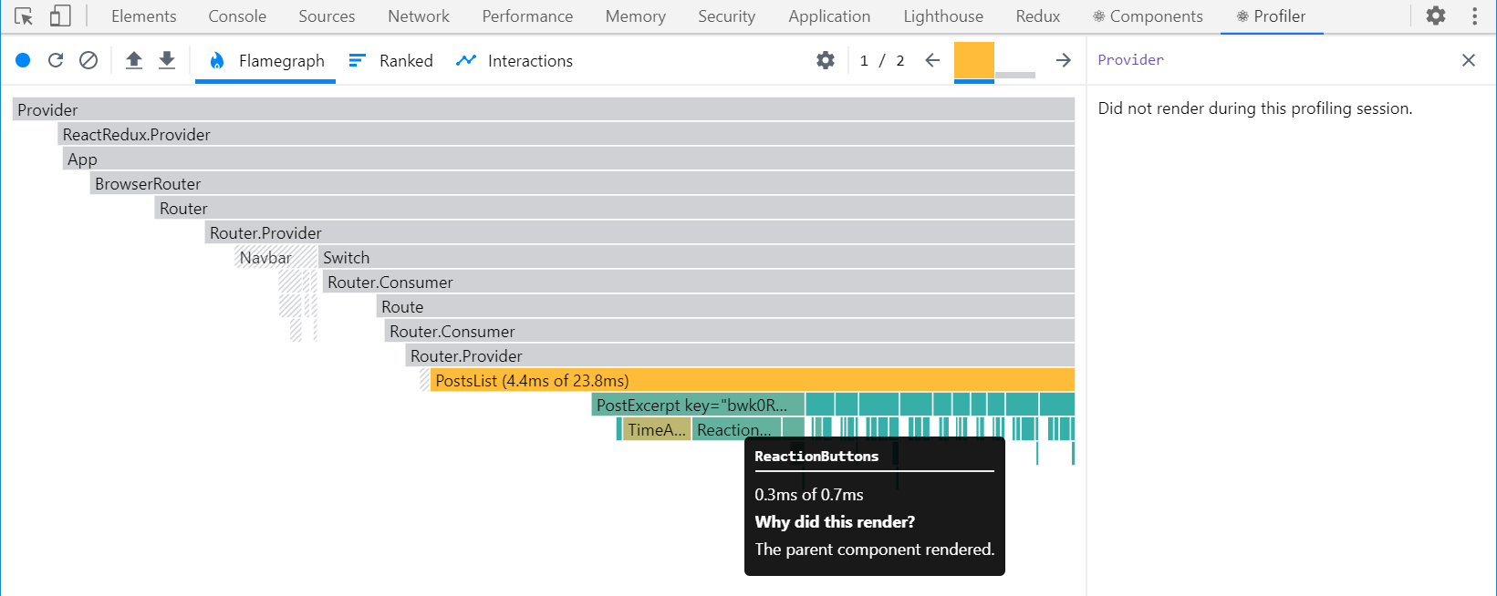 React DevTools Profiler render capture - <PostsList>